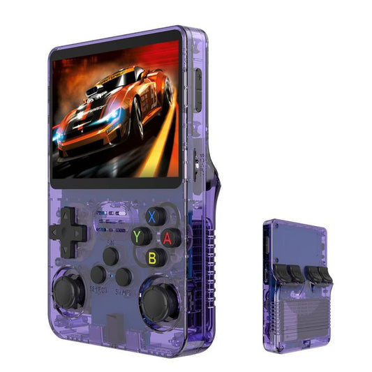 Clear purple retro handheld game console with 3.5-inch screen and colored buttons