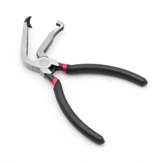 Bent nozzle disconnect pliers set with two curved arms and red-and-black rubber grips