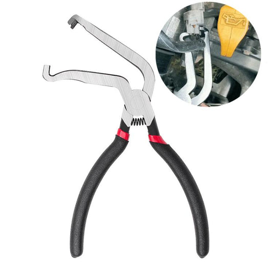 Bent nozzle wire and fuel line disconnect pliers with red-and-black rubber grips