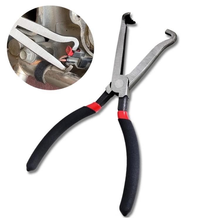 Fuel line disconnect pliers with long curved handles, red bands, and angled metal jaws