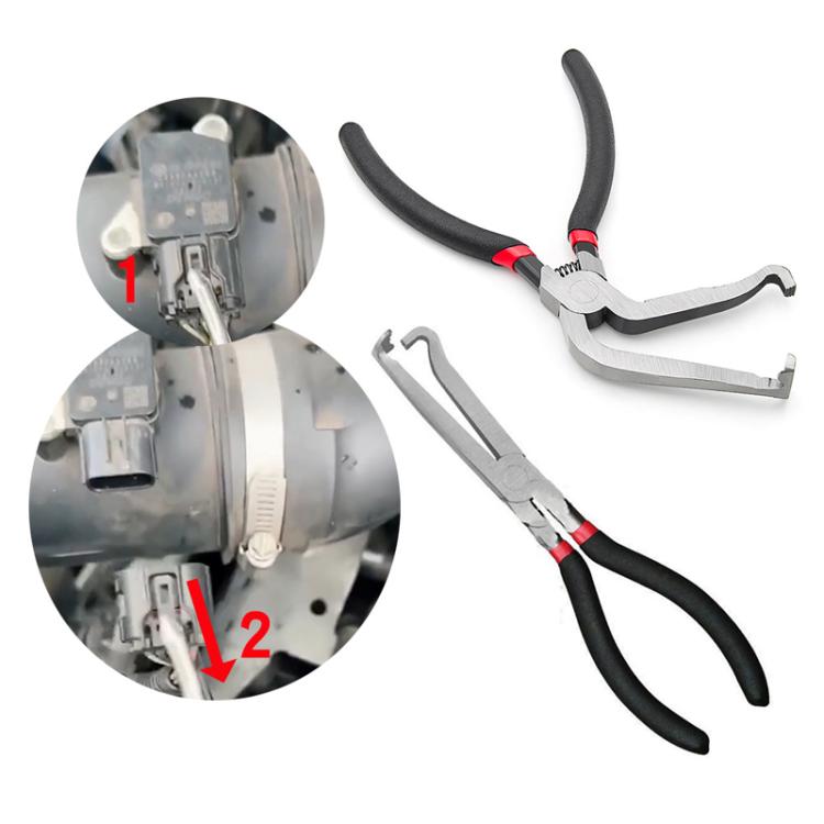Disconnect pliers tool with red bands and black handles, shown with car connector inset