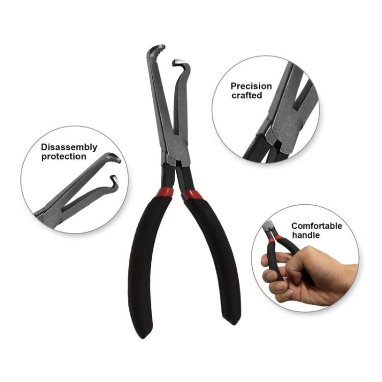 Disconnect pliers with precision metal jaws, red accents, and comfortable black handles