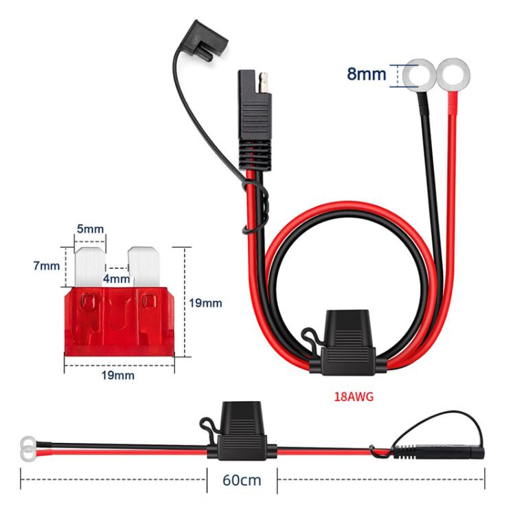 18AWG 60cm cable with fuse and ring/SAE connectors; red and black wire leads