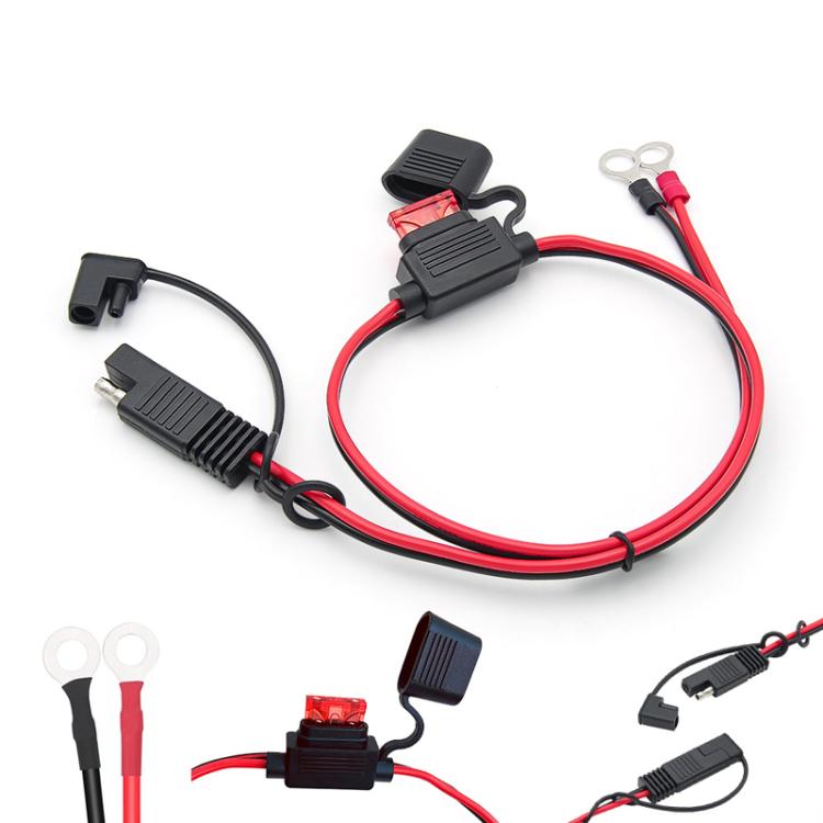 Red/black battery charging extension cable with fuse block and assorted terminal plugs