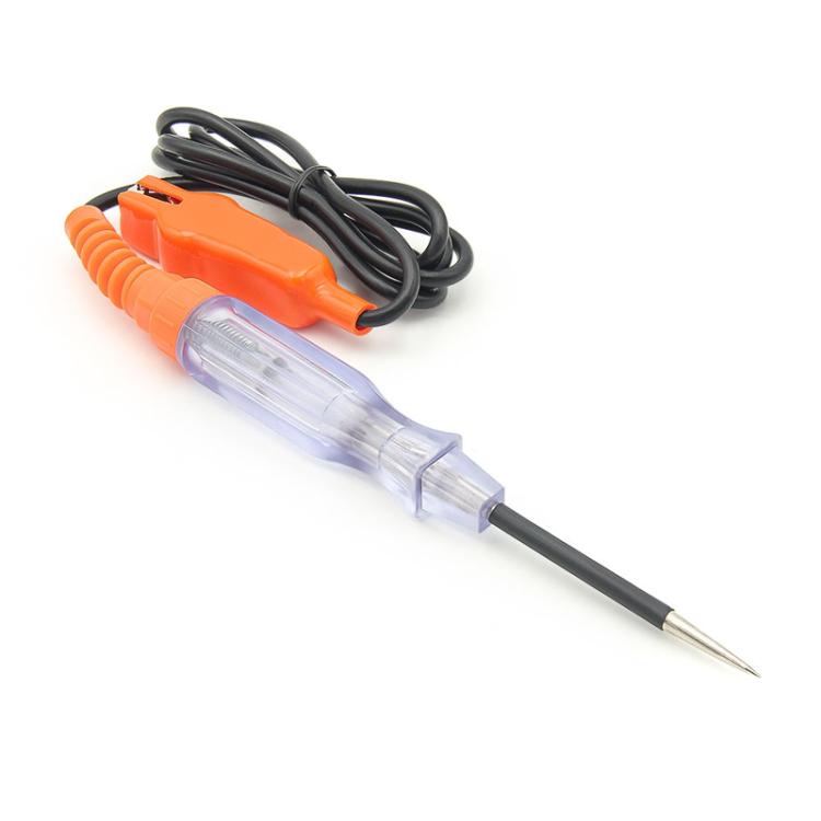 Orange car circuit tester pen with clear body, black cable, and pointed metal probe tip