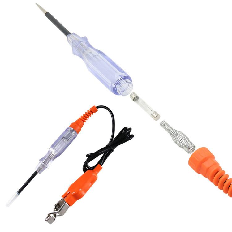 Car circuit tester kit with clear pen probe, orange alligator clip, black leads, metal tip