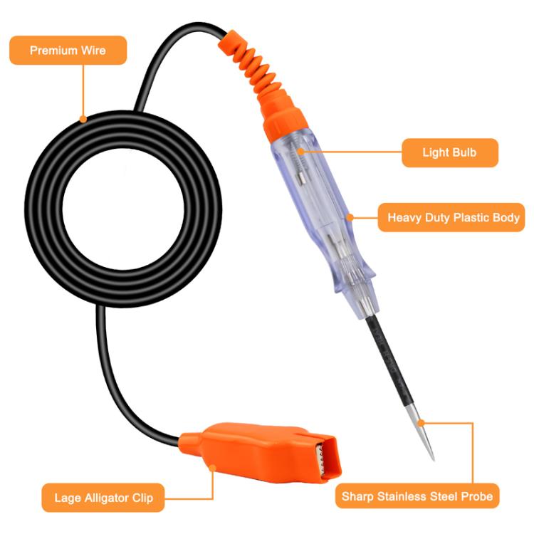 Car circuit tester pen with clear tube body, orange connector, coiled black wire, metal probe