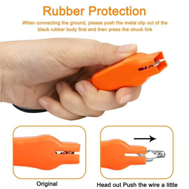 Car circuit tester ground clip connector with orange rubber housing shown being held