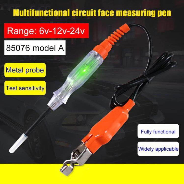 Car circuit tester pen with green indicator glow, orange clamp, black cable, metal probe