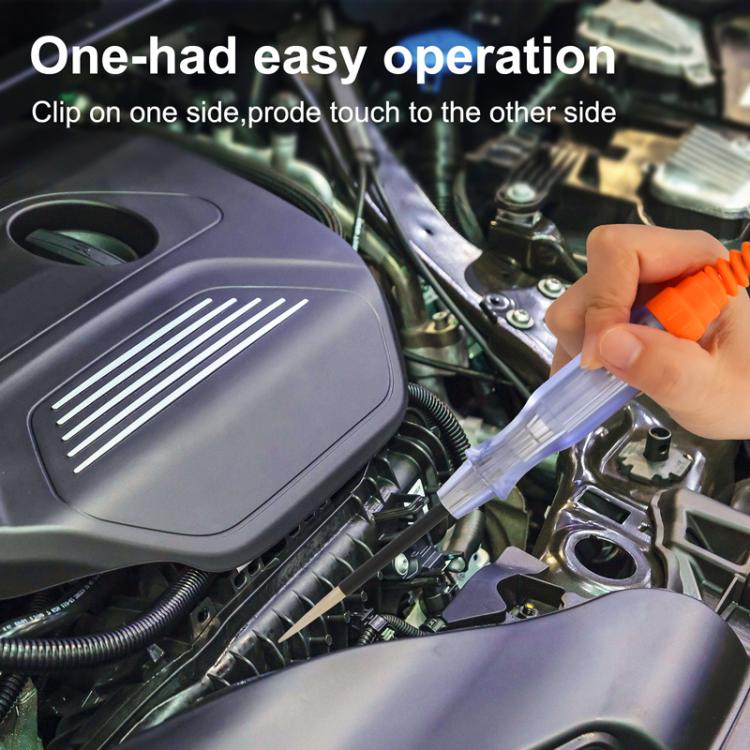 Car circuit tester pen in use: clear probe tube with orange clip touching engine components