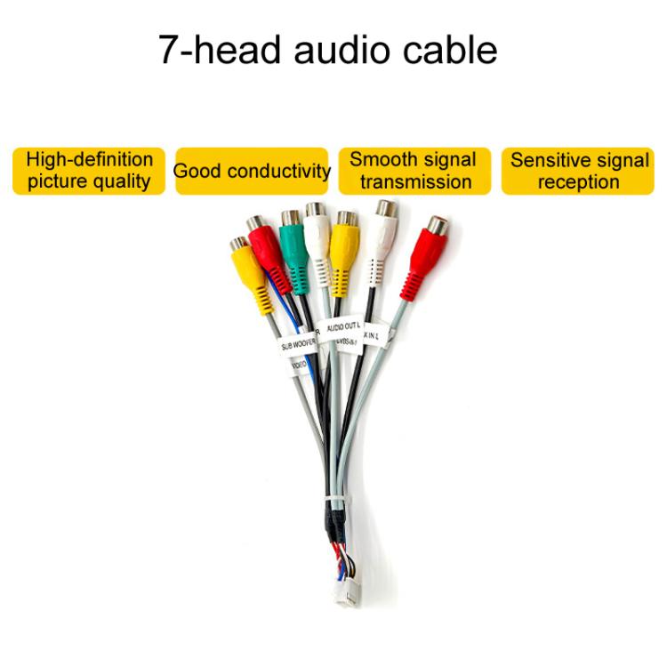 7-head audio cable bundle with color-coded RCA-style connectors and multi-wire harness