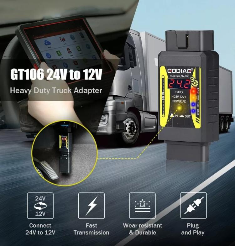 CODIAC 24V to 12V truck power adapter with LED readout screen, black and yellow