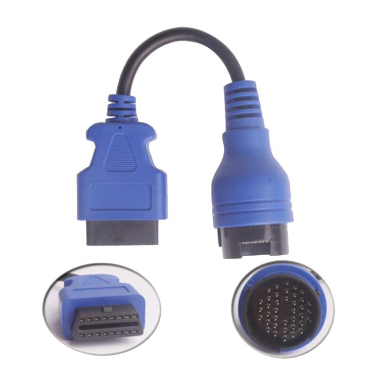 Truck diagnostic cable ends shown: 38-pin connector and round 16-pin socket, blue