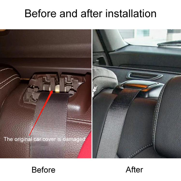 Rear seat belt cover guide installed over rear seat belt, before-and-after view
