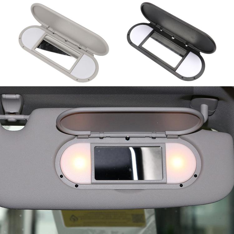 Car sun visor vanity mirrors, gray and black versions, open lids with mirror windows