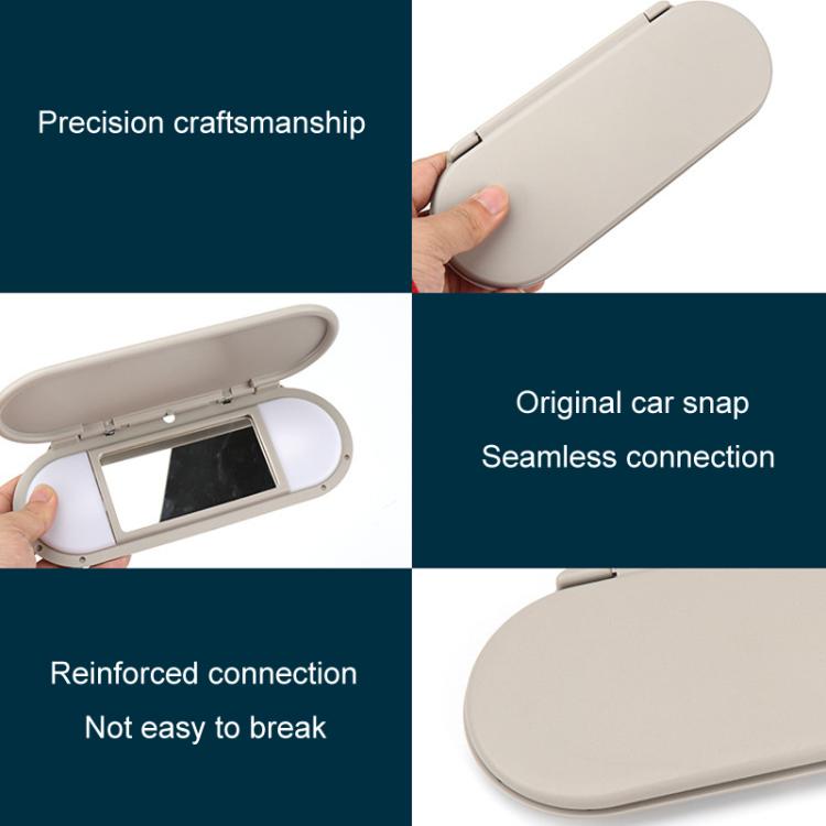 Gray car sun visor vanity mirror, closed lid with snap-fit hinge