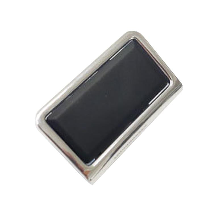 Car center armrest switch bezel with dark screen and silver trim, rectangular