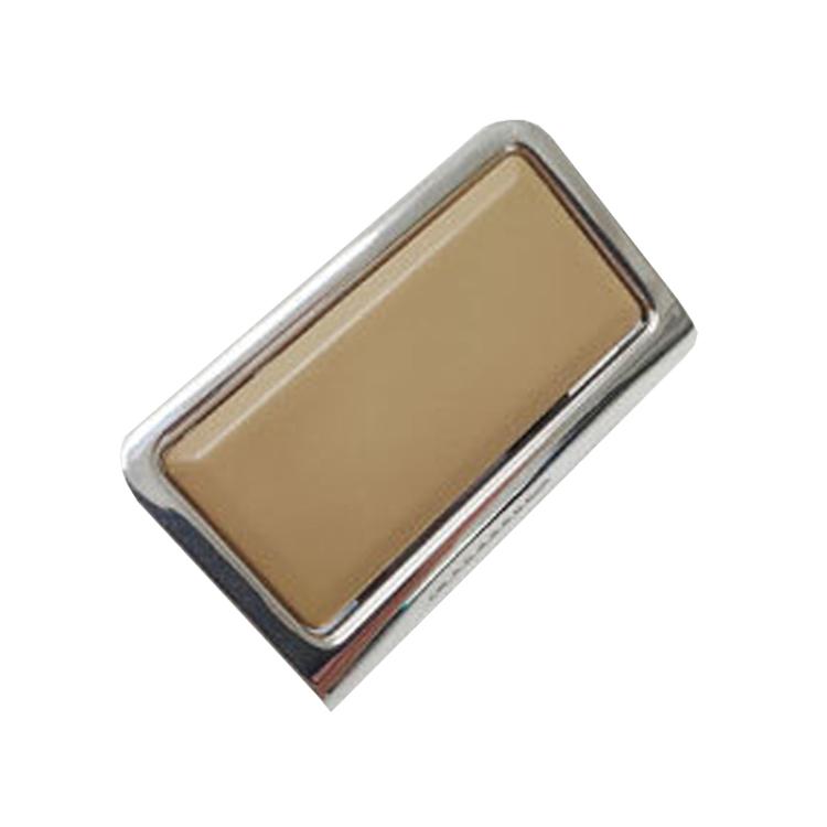 Car center armrest switch bezel with tan screen and silver trim, rectangular