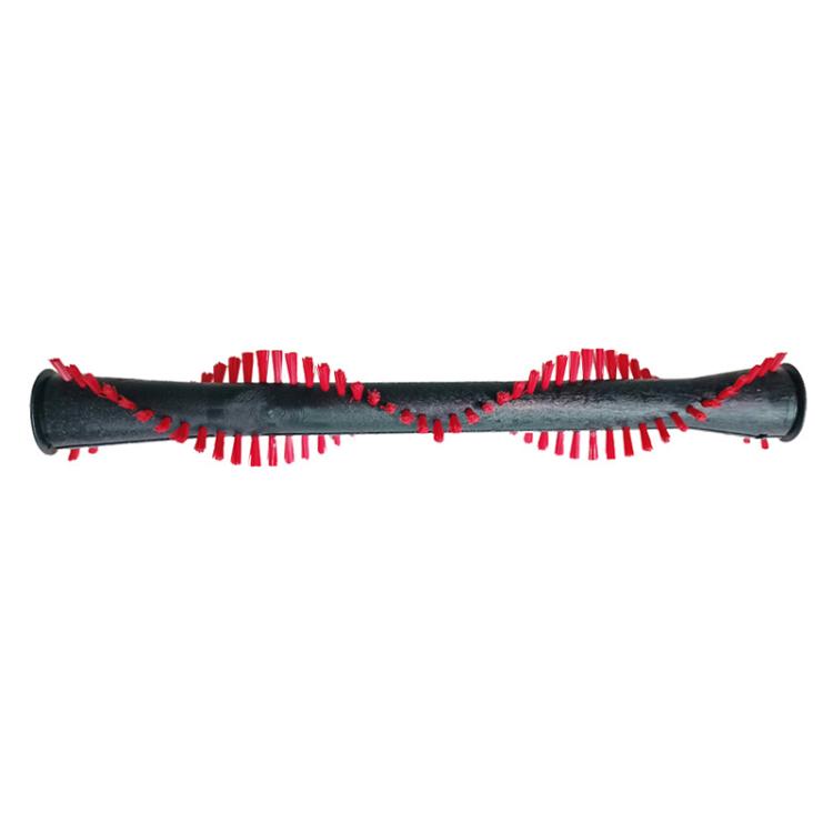 Vacuum mopping brush roller with red bristles on a black axle