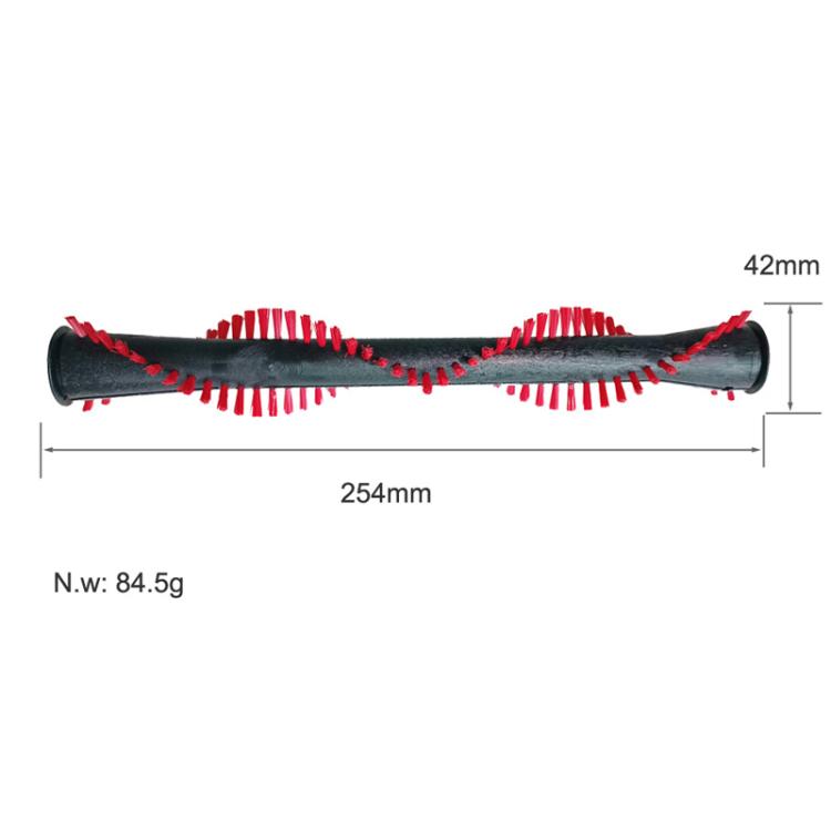 Vacuum mopping brush roller with red bristles, black ends, tufted bristle rows