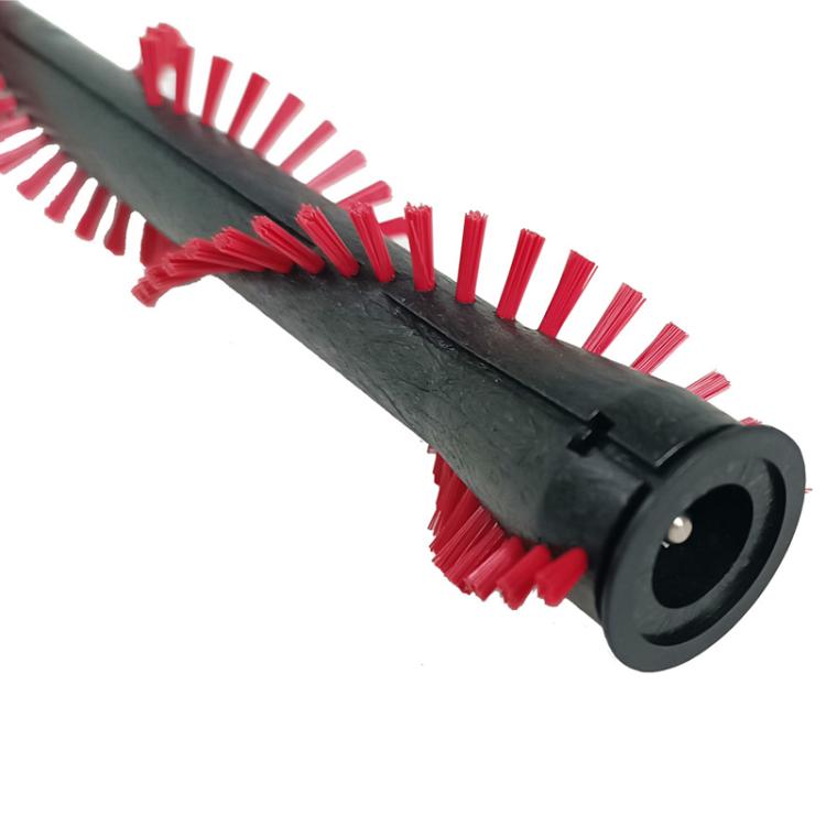 Vacuum mopping brush roller end cap with circular opening and red bristle tufts