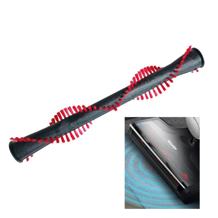 Vacuum mopping brush roller with red bristles on a black strip, angled view