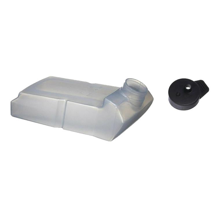 Translucent light gray detergent bottle with spout and black cap