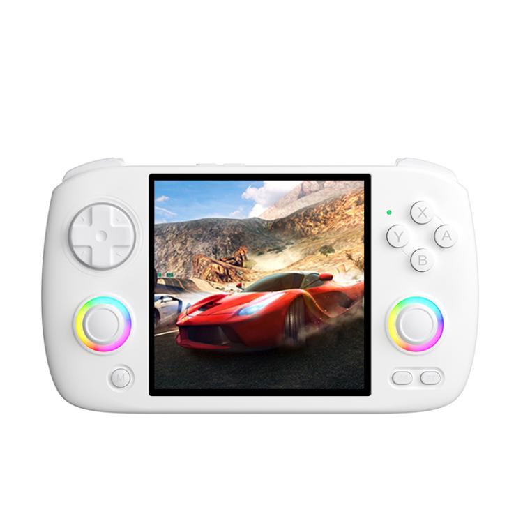White handheld game console with 3.95-inch IPS screen, twin analog sticks, and face buttons