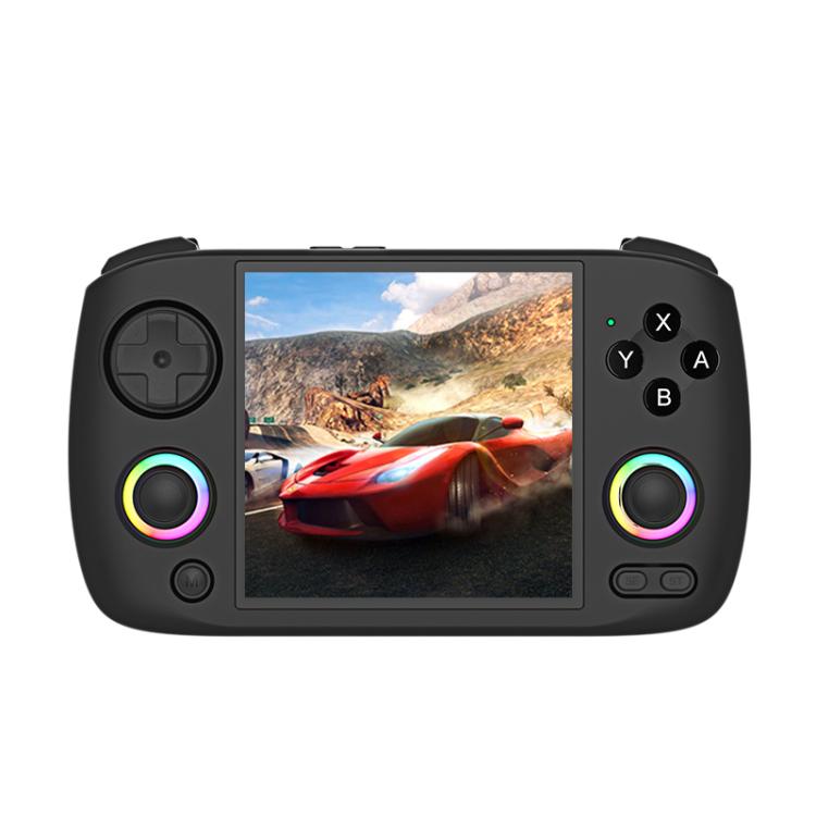 Black handheld game console front view with 3.95-inch screen and colorful action buttons