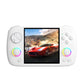 White handheld game console front view with 3.95-inch display and glowing ring joysticks