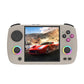 Gray handheld game console front view with colorful ABXY buttons and dual glowing rings