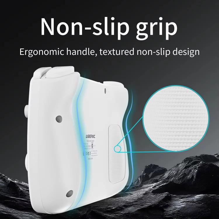 White handheld game console with textured non-slip grip and ergonomic handle design