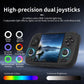 Black handheld game console with dual thumbsticks and multicolor RGB light rings