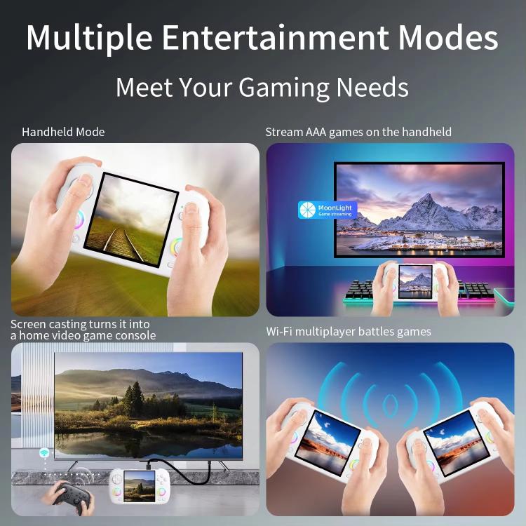 Handheld console shown with screen casting and Wi-Fi multiplayer gameplay panels