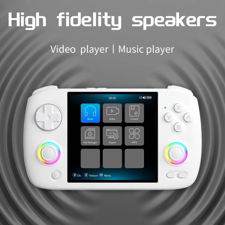 White handheld game console front view with on-screen menu and dual speaker grilles