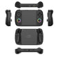 Black handheld game console with removable controllers and rear panel shown from multiple angles
