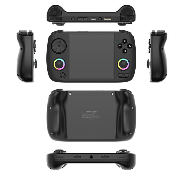 Black handheld game console with removable controllers and rear panel shown from multiple angles