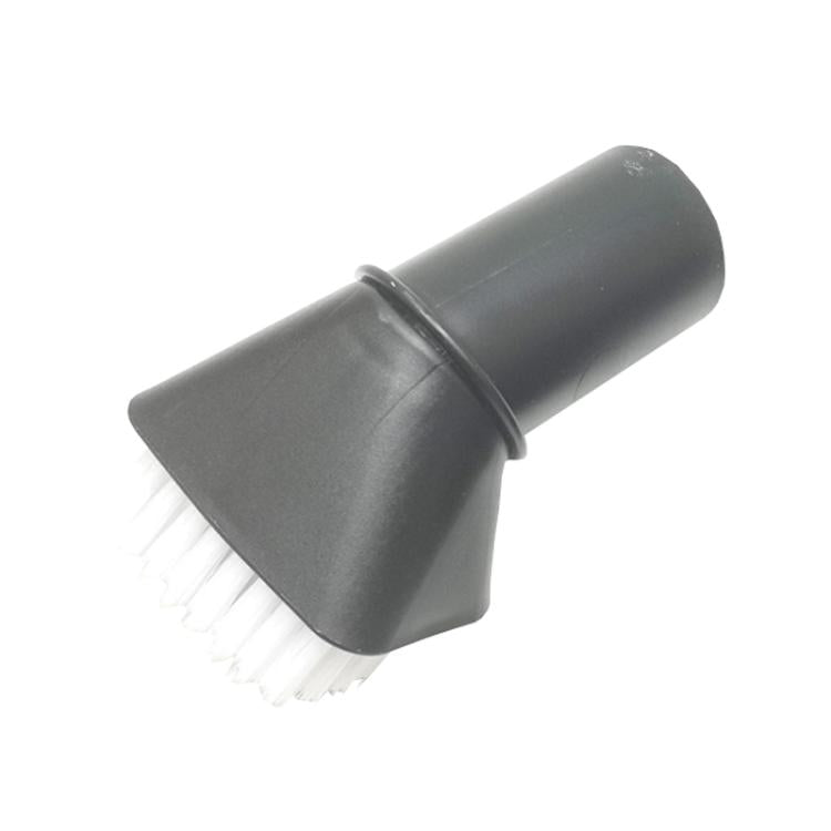 Soft brush nozzle attachment with angled head and light bristles on gray/black body