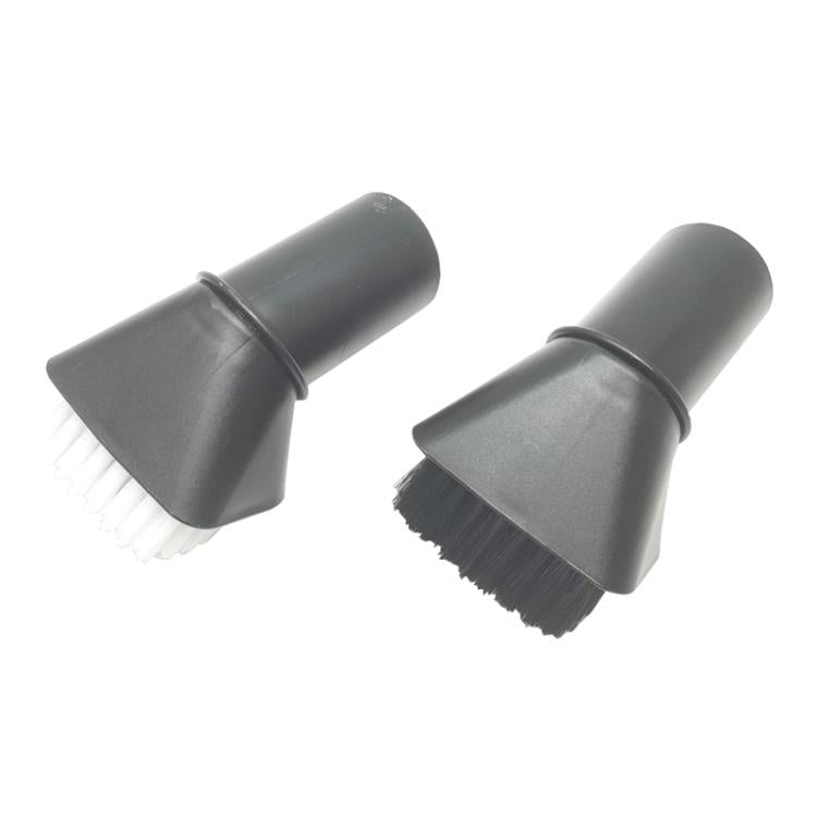 Vacuum soft brush nozzle attachment set, showing two angled heads with dark and light bristles