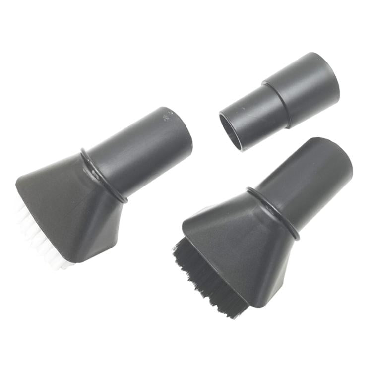Soft brush nozzle attachment pair with dark bristle brushes and cylindrical connector ends