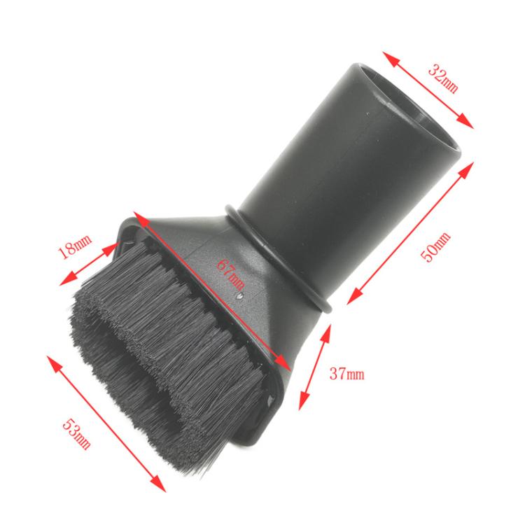 Soft brush nozzle with dimensions marked; dark bristles and gray/black connector