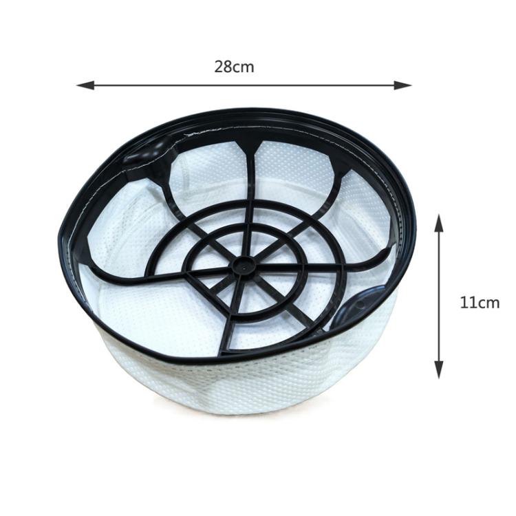 Round vacuum dust filter with black rim, radial supports, and white filter media