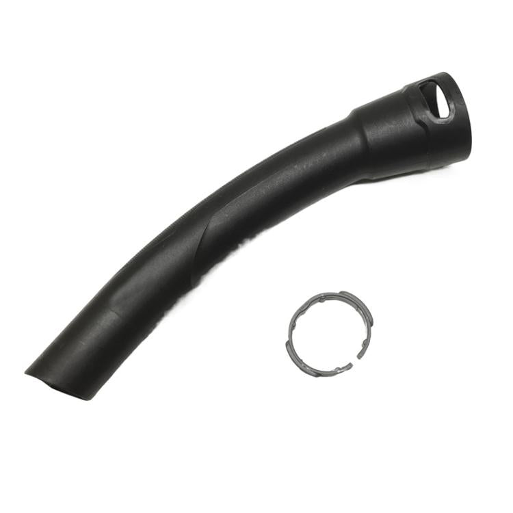 Black vacuum hose nozzle with mounting hole and metal retaining clip