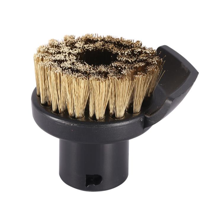 Black steam cleaner brush head with tan bristle pad and central nozzle socket