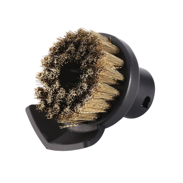 Round steam cleaner brush head with tan bristles and black side fin