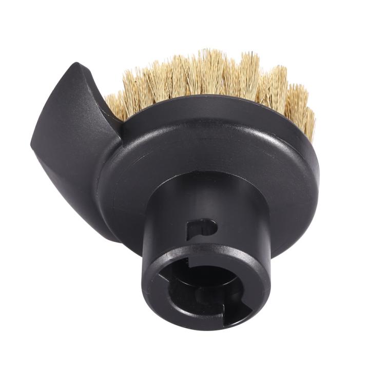 Black steam cleaner brush nozzle with tan bristle strip and front mounting opening