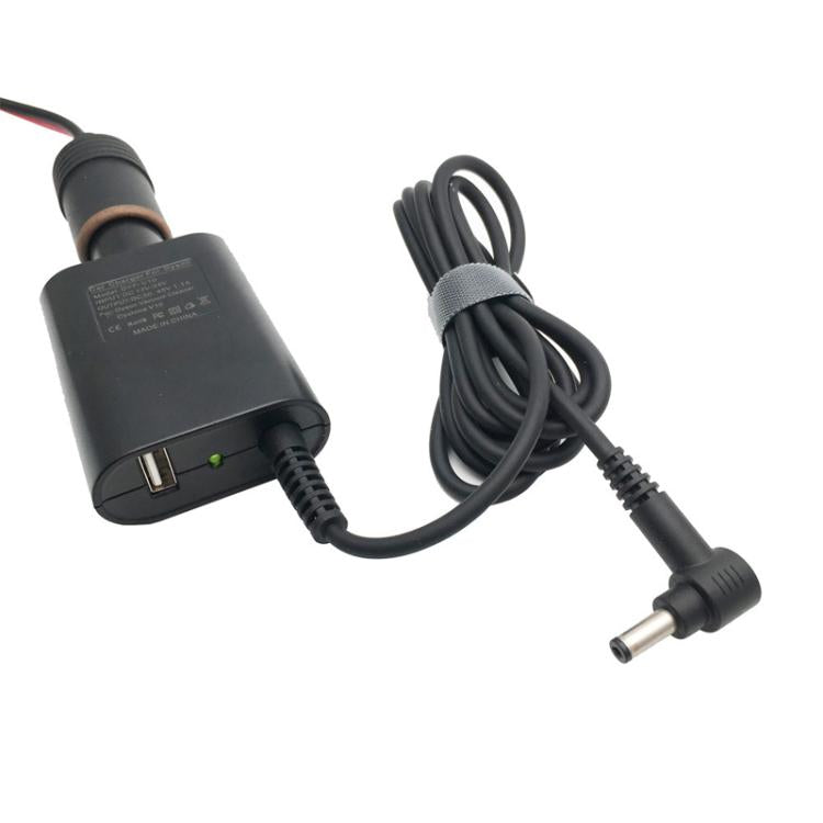 Black car charger adapter with USB port and LED indicator, barrel plug cable