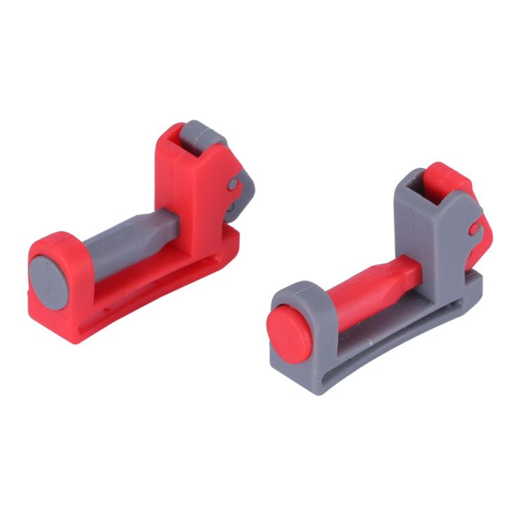 Red and gray plastic switch carabiner holder clip, angled views