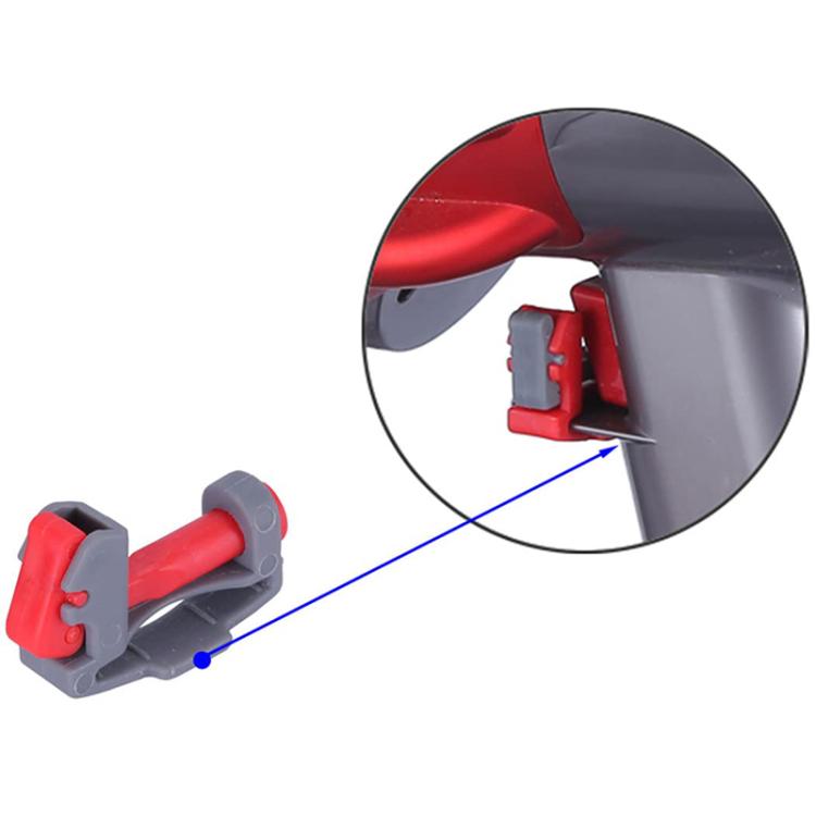 Red and gray plastic switch carabiner holder with close-up of latch area