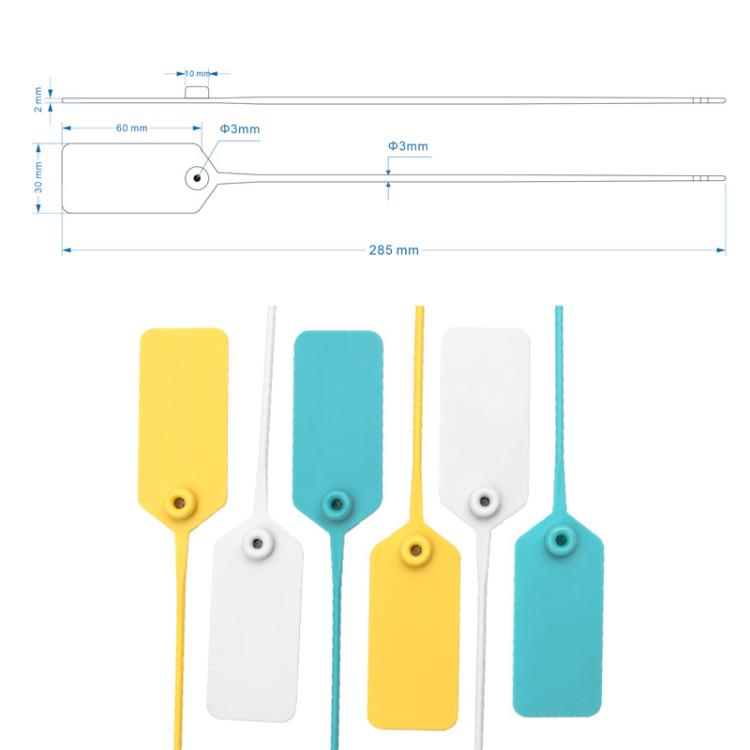 Plastic security seal tags with size diagram and circular snap holes